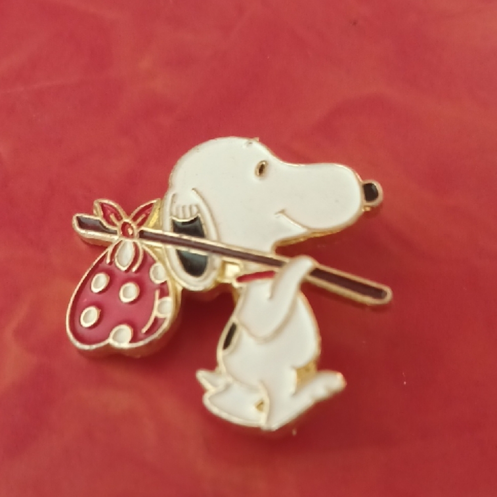 Aviva Signed Snoopy Enamel Pin with Red Polka Dot Bag, 1970's Brooch